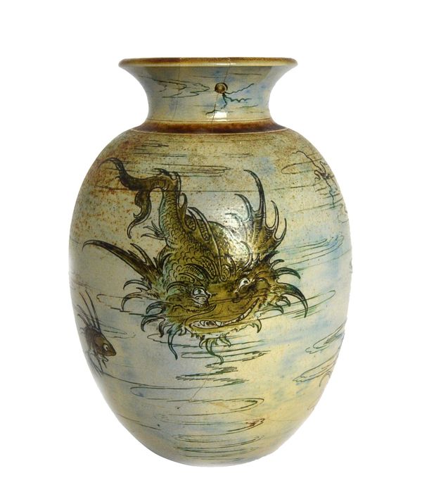 A Martin Brothers stoneware vase, dated 1898, of swollen cylindrical form with everted rim, incised and painted with grotesque swimming fish and other