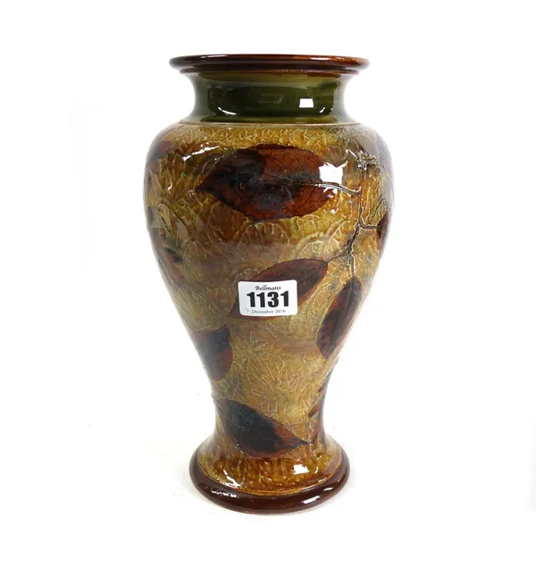A Royal Doulton stoneware vase decorated in the 'Autumn Leaves' pattern against a baluster ground, impressed marks, 26.5cm high.