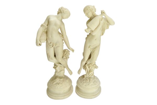 A pair of parian ware figures, 'Morning Dew' and 'Evening Dew', circa 1855, probably by Royal Worcester, 35cm high (2).   Illustrated