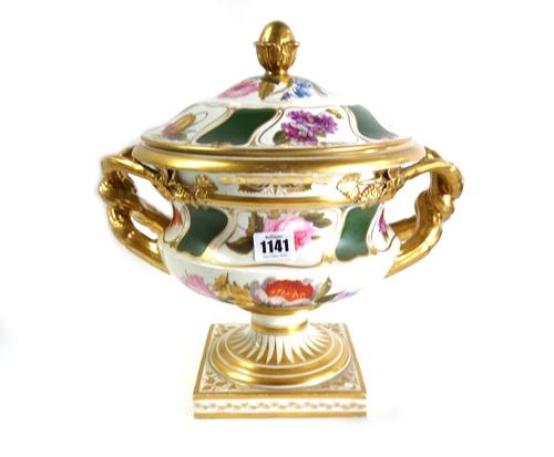 A Derby porcelain ice pail, liner and cover of Trotter service type, circa 1820-30, of Warwick vase form, painted with summer flowers against a richly