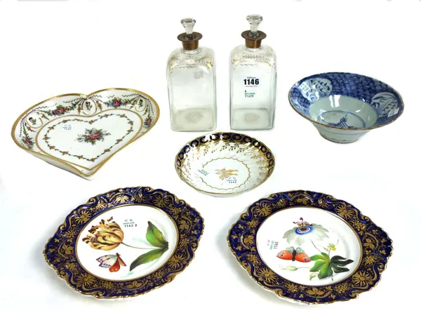 A quantity of ceramics and glass comprising; a pair of 19th century gilt glass decanters and stoppers of square section (18cm high), two 19th century
