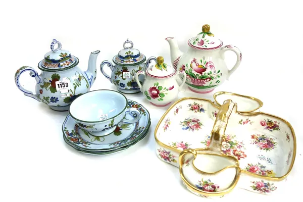 A Christian Dior part tea service decorated with flowers, a French pottery part tea service, a Derby Stevenson and Hancock Imari decorated miniature w