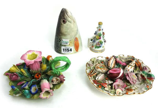 A Derby stirrup cup, circa 1810, modelled as the head of a fish (12cm) (restored), a Coalport type dish moulded with sea shells, a Staffordshire folia