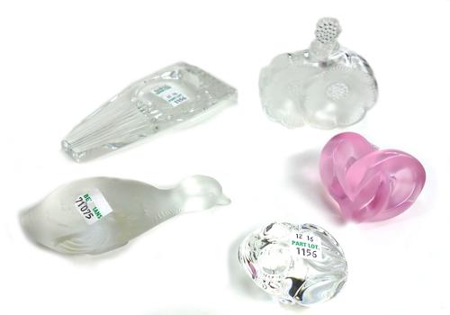 A Lalique clear and frosted glass scent bottle and stopper 'Deux Fleurs', etched 'Lalique France', (9cm high), a Baccarat magnifying glass, a Baccarat