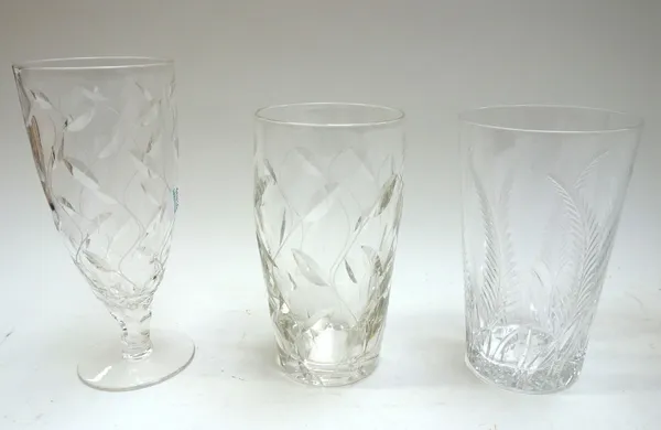 A part suite of Clyne Farquharson foliate champagne flutes (17.5cm high), and six beakers, also a William Yeoward foliate engraved bowl (30cm diameter