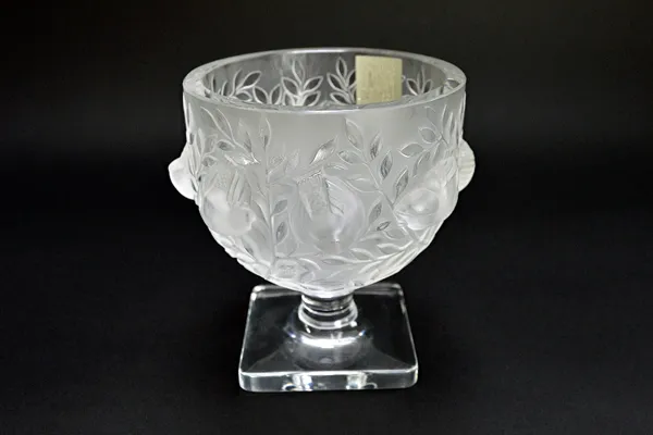 A Lalique clear and frosted glass 'Elizabeth' vase, 20th century, raised on a square foot, etched 'Lalique France' to the base, 13.5cm high.  Illustra