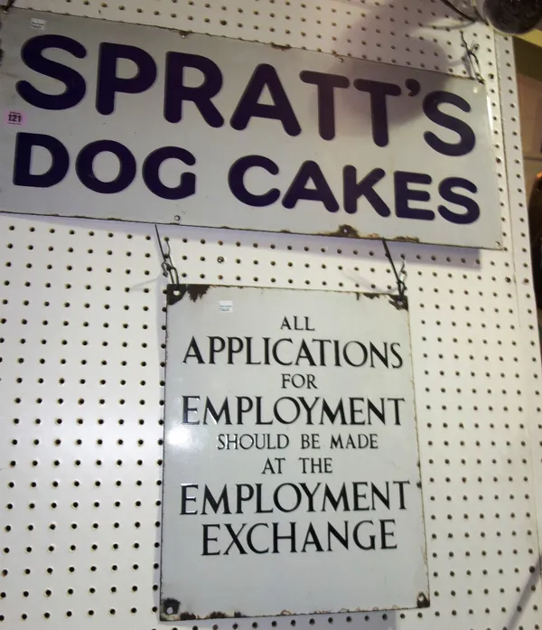 A 'Spratts' dog cakes, white and blue enamel advertising sign and a 'Employment exchange' enamel sign. (2)   CAB