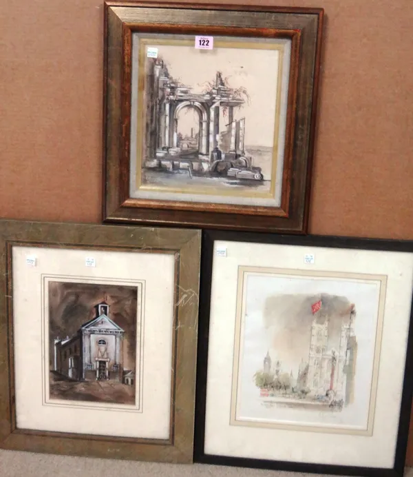 Donato Forte (20th century), Architectural studies, two sepia watercolours heightened with white, together with a signed print by Hugh Casson.(3)  I1