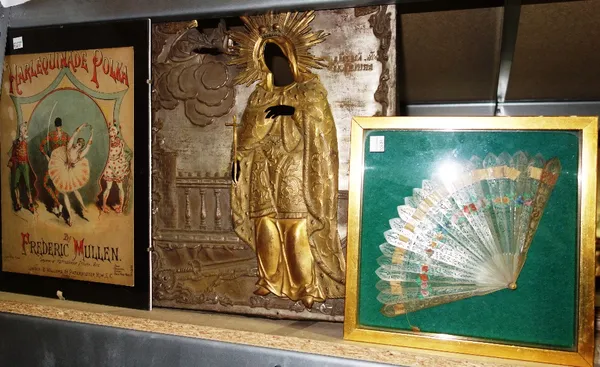 A large rectangular stained glass window, a metal Russian icon cover and a glass washboard and sundry. (qty)  S2M