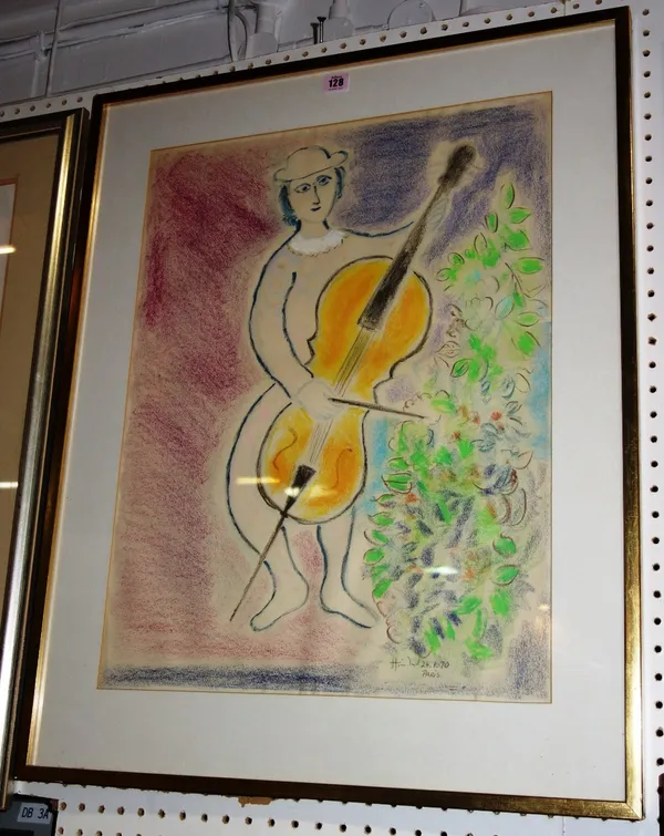 Manner of Marc Chagall, Figure with Viol, pastel, bears a signature and date '70, 63.5cm x 49cm.  H1