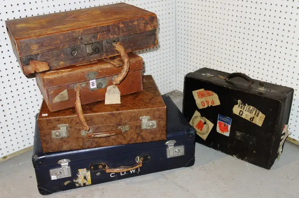 A group of five leather cases and a cased picnic set. (6)  GAL