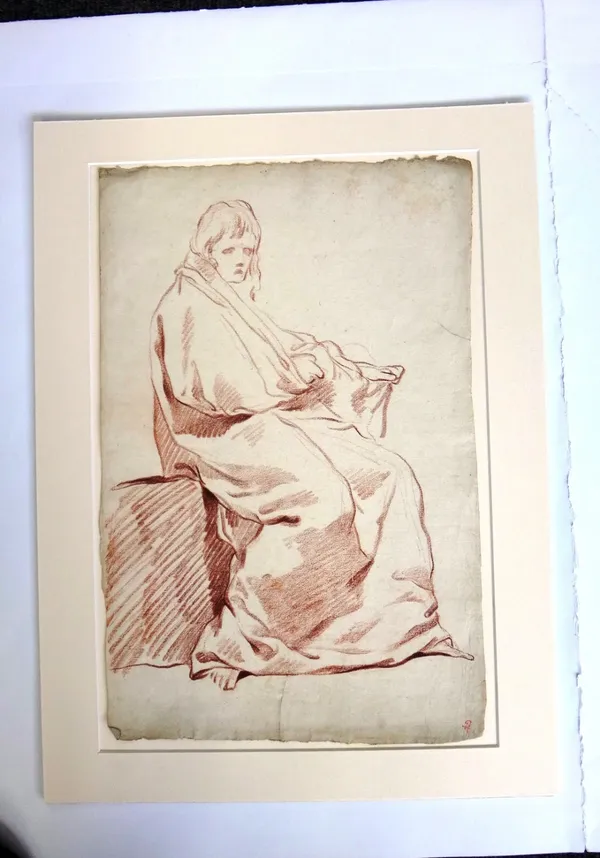 Attributed to Charles-Francois Hutin (1715-1776), A seated figure in heavy robes, brown chalk, bears a stamp, unframed, 44cm x 28.5cm.  CAB