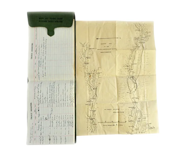 FLY-FISHING  - Trout Register, Kashmir & Hampshire, 1919 (Kashmir) & 1930-1940 (Hampshire), 50 ruled pages in green cloth wallet, lettered on flap 'Ma