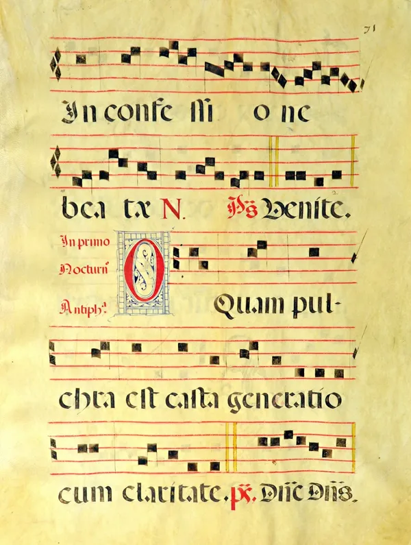 MEDIAEVAL SERVICE BOOK - 10 large folios, coloured on vellum, some decorated initial letters, black musical notation on a 5 line stave,  with Latin te
