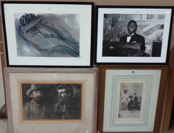 A group of eight assorted pictures of figurative subject matter, including pastels, drawings, etchings and a photograph (8). H1
