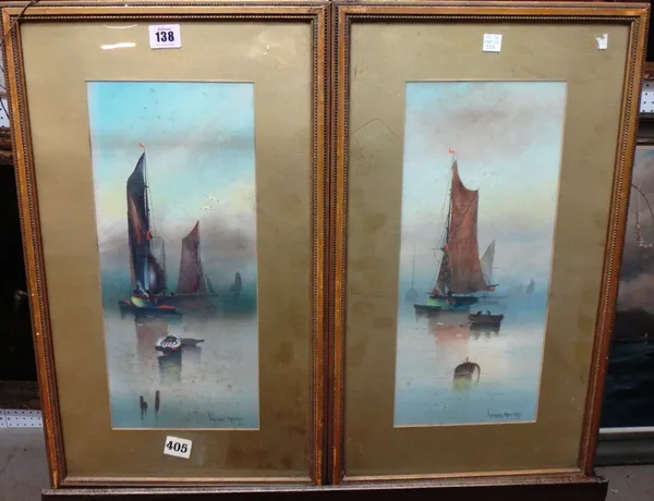 Vernon Hardy (20th century), Boats at sunrise, a pair, watercolour, both signed, each 40cm x 16.5cm.(2)   I1