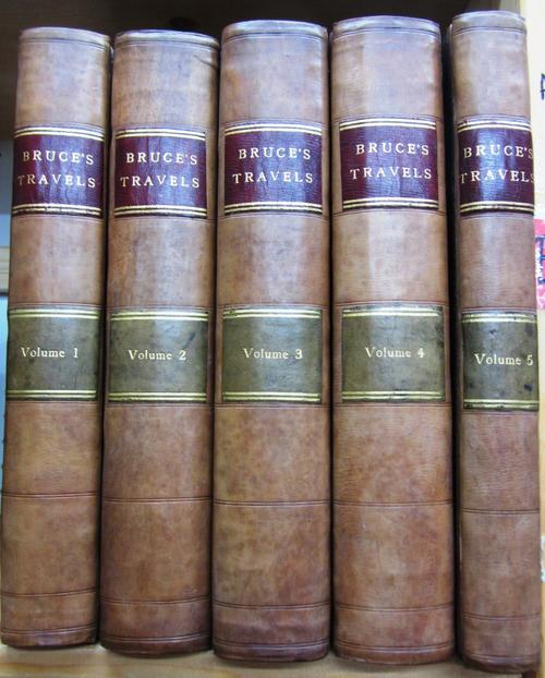 BRUCE (J.)  Travels to Discover the Source of the Nile  . . .  First Edition, 5 vols. medallion/decorative title vignettes, 3 folded maps, 4 plans, 43