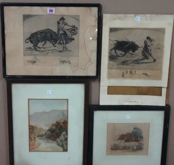 Halpern (early 20th century), Bullfighting scenes, etchings, both signed; together with a watercolour of a cottage signed Warmsworth, and another of a