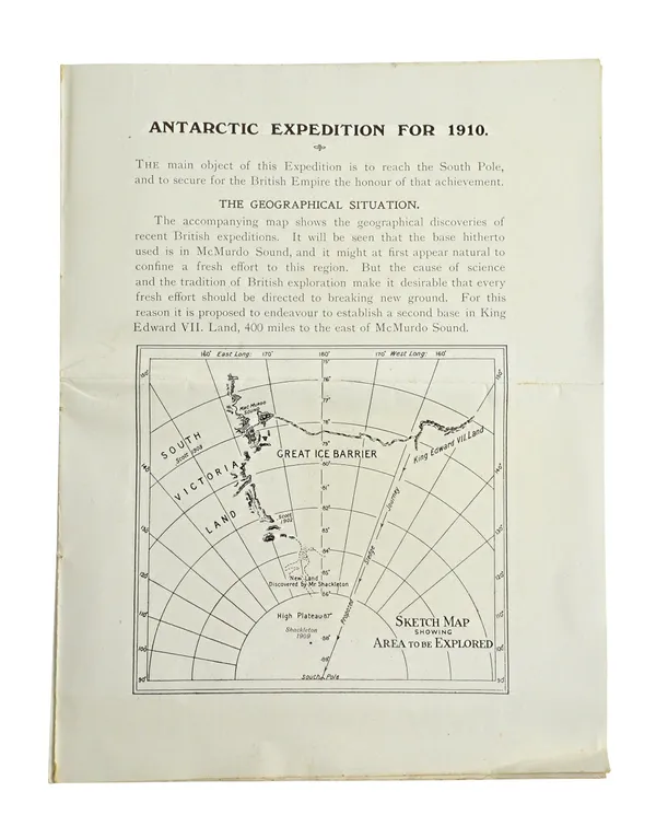 SCOTT'S LAST EXPEDITION - The PROSPECTUS]   'Antarctic Expedition for 1910'.  (8)pp. unnumbered, the title is head of first page, sewn, without wrappe