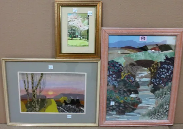 A group of three, including two hand sewn collage pictures, 'A Sussex Stream' by Olive Heaton Clarke and 'Kent Oasts' by Iden; and a watercolour by Sa