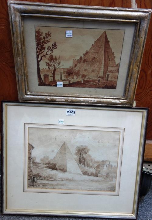 English School (c.1800), A view of the tomb of Caius Cestius, pencil and sepia wash, 22cm x 31.5cm.; together with another similar view, engraving han
