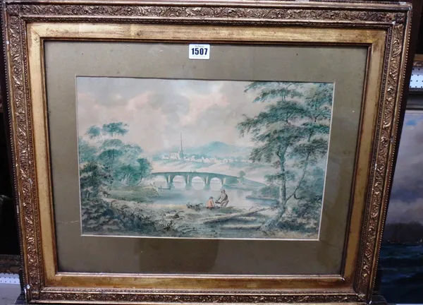 John Henry Campbell (1755-1828), Irish landscape with figures before a bridge, watercolour, 26cm x 40cm.