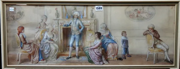 French School (19th century), A Salon interior with figures in 18th century dress, watercolour, 27cm x 74cm.