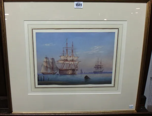William Joy (1803-1867), A three decker at anchor with a frigate and other shipping beyond, watercolour, watercolour with scratching out, 21cm x 31cm.