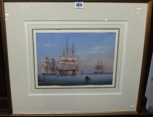 William Joy (1803-1867), A three decker at anchor with a frigate and other shipping beyond, watercolour, watercolour with scratching out, 21cm x 31cm.