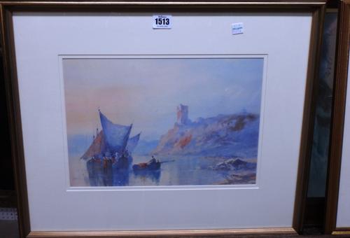 Wilfred Knox (1884-1966), Shipping in a cove near Santa Maria, watercolour and bodycolour, signed, 23cm x 34cm. DDS