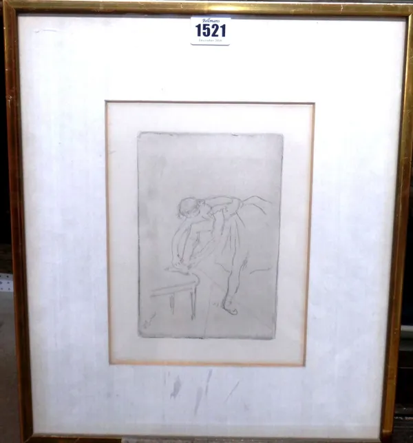 Edgar Degas (1834-1917), Danseuse mettant son chausson, etching, 17.5cm x 11.5cm.Provenence: Sir John Gielguid, 1966