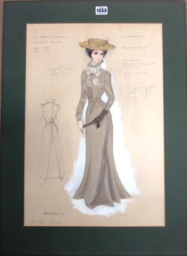 Mendleson (20th century), Costume designs for 'The Young Churchill', a pair, depicting costumes for Anne Bancroft as Lady Randolph Churchill, and Robe