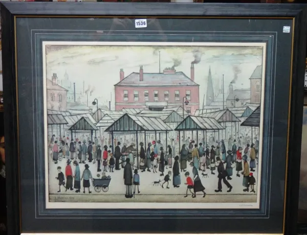 Laurence Stephen Lowry (1887-1976), Market scene, Northern town, colour reproduction, signed in pencil, 46cm x 60.5cm. DDS