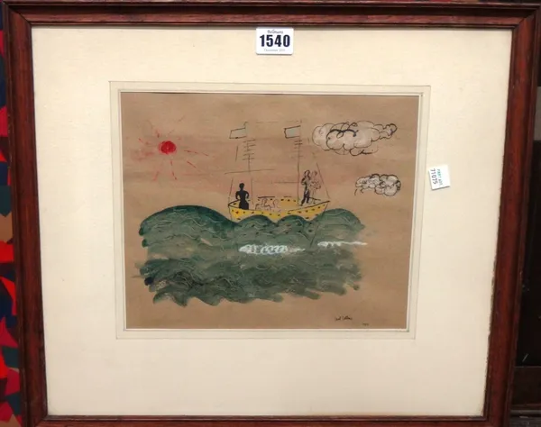 Cecil Collins (1908-1989), Boat in the sea, mixed media, signed and dated 1933, 21cm x 25cm. DDSProvenance; The Estate of Fleur Cowles