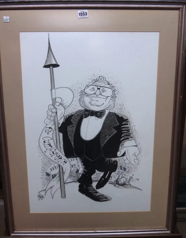 Grenville Jones (20th century), Harry Secombe as 'Sir Cumference', pen and ink, signed and dated Oct 1981, 64cm x 44cm.