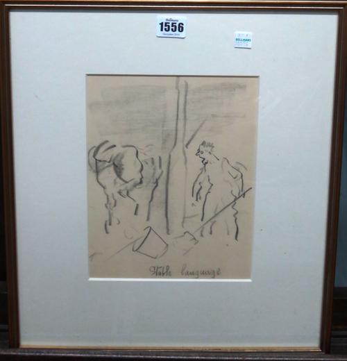 Edmund Blampied (1886-1966), 'Tea time sketches': Stable language; Planting potatoes; The Cart, three charcoal sketches, two inscribed, the largest 23