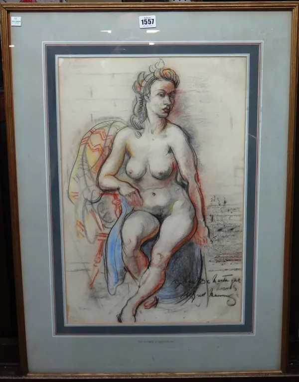 After Sir Alfred Munnings, Seated nude, charcoal and coloured chalk, bears a signature, 55cm x 36cm.