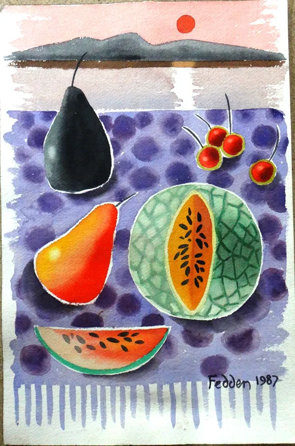 Attributed to Mary Fedden (1915-2012), Still life of fruit, watercolour, signed and dated 1987, unframed, 30.5cm x 20cm. DDS