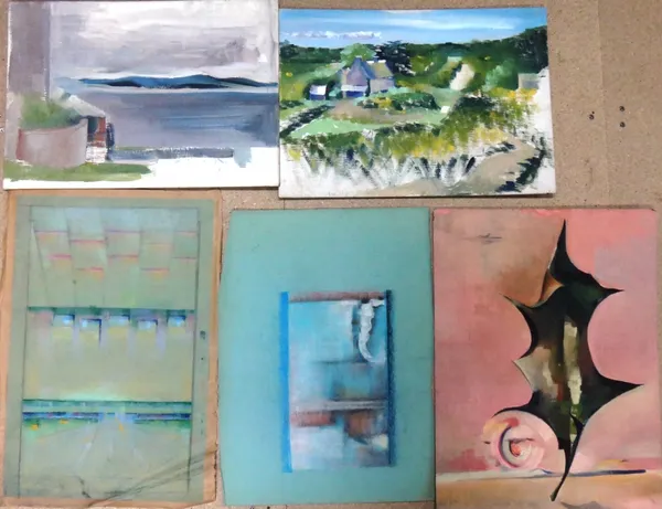 A folio of assorted pastels, drawings and oils, mostly abstract subjects, including works by Hector McDonald Sutton, Beryl Davies and Macdonald Hastin