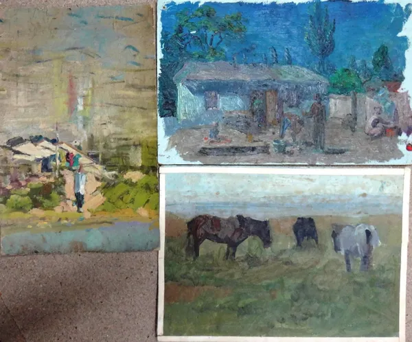 A group of six 20th century Russian oils, of mainly landscape subjects, mostly oil on card or canvas, some inscribed on reverse, all unframed.(6)