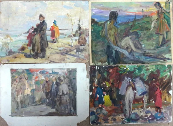 A group of twelve assorted 20th century Russian oils, mainly figurative subjects, including two works by Aleksandr Aleksandrovitch Kucherov (b.1936),