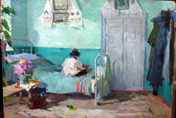 Attributed to Anatoli Aleksandrovitch Plamewitsk (1920-1982), Interior scene with a child on a bed, oil on board, indistinctly signed and dated '61, u