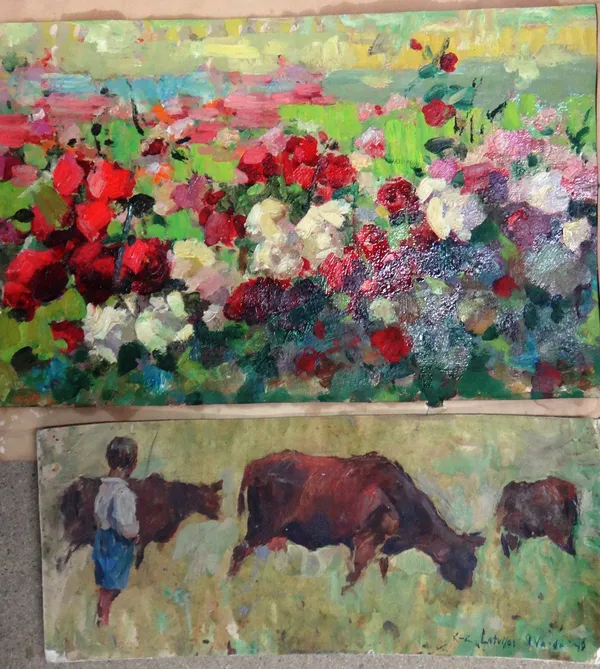 Russian School (20th century), Landscape; Boy with cattle; flower meadow; Goats and cockerel; Interior with figure, five, oil on card or canavas, all