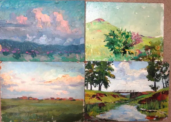 A group of eight 20th century Russian oils, of landscape subjects, mostly oil on card or canvas, some inscribed on reverse, all unframed.(8)