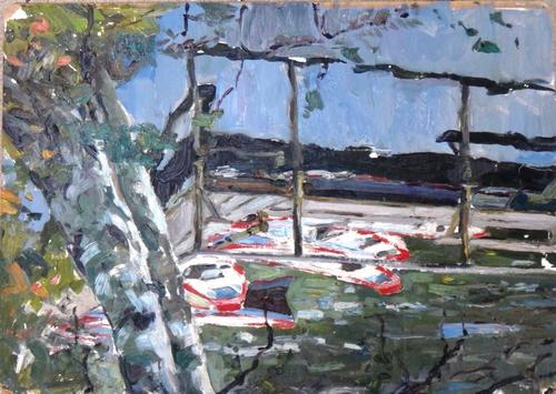 Khadazov Kharis Khapisovich (b.1926), Figures on a bus; Figures in a clearing; View of beached boats, three, oil on card, inscribed on reverse, all un