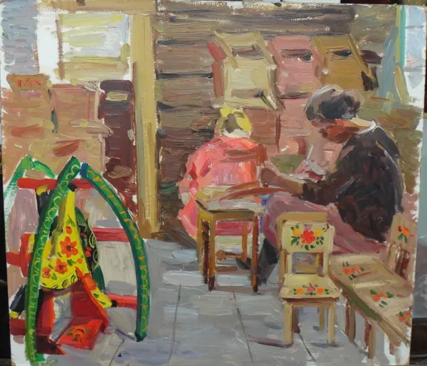 Saikina Aleksandra Vasilevne (b.1925), Mother and child in a garden; Girl in a nursery; Mother and child in a playroom, three, oil on board, inscribed