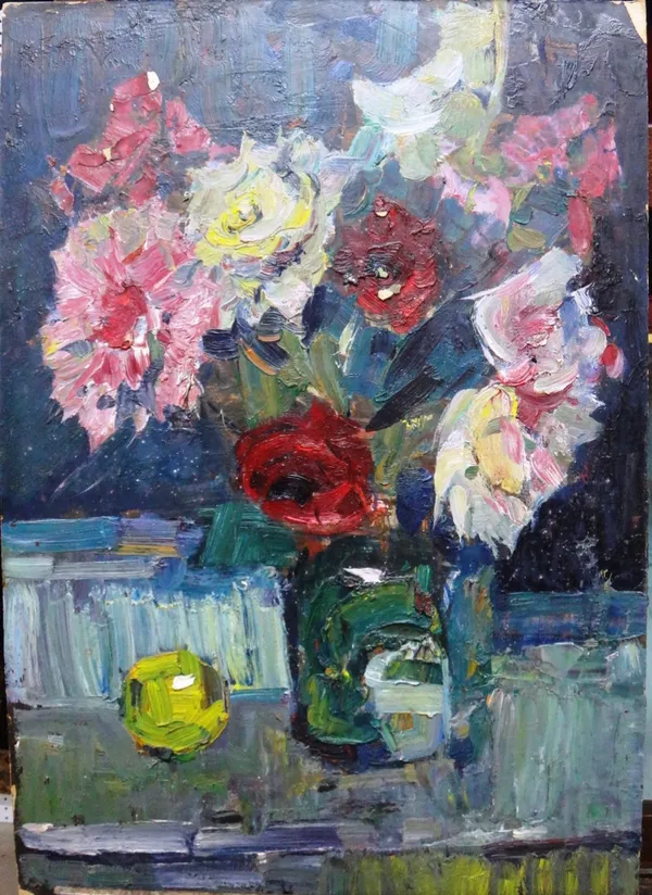 Attributed to Yuri Aleksandrovich Savinov (d.1997), Desk top still life; Interior, two, oil on board, one with a floral still life verso, both unframe