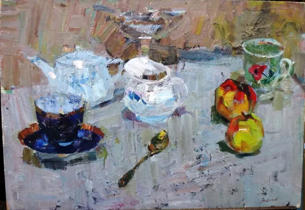 Attributed to Yuri Aleksandrovich Savinov (d.1997), Still life studies of tea things, two, oil on board, one with a portrait study verso, one inscribe