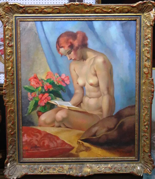Phillipe de Rougemont (1891-1965), Nude reading, oil on canvas, signed, 72cm x 59cm.