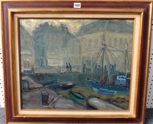 Fernand Larue (1916-1999), Brûme sur le port, oil on board, signed, inscribed on reverse, 45cm x 54cm. DDS